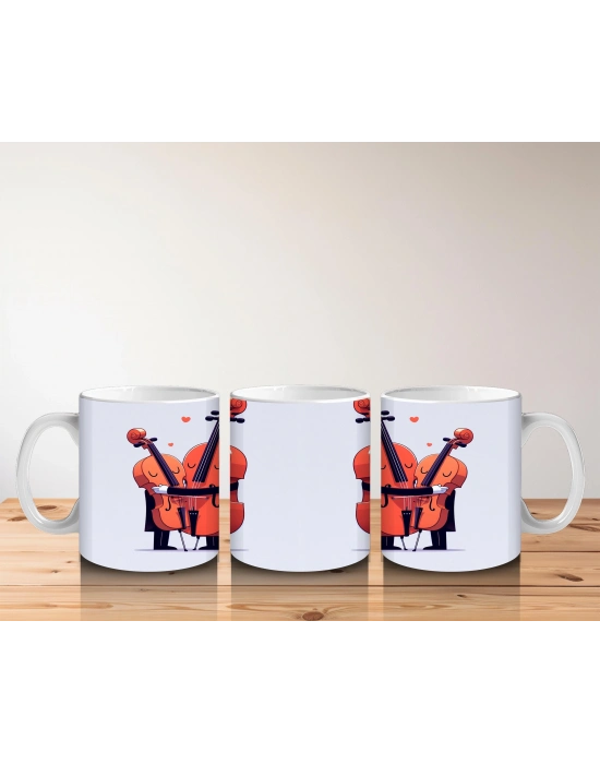 Çocuklara Sütü Sevdiren Sarılan Neşeli Viyolonsel Desenli Kupa Bardak