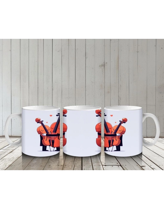 Çocuklara Sütü Sevdiren Sarılan Neşeli Viyolonsel Desenli Kupa Bardak