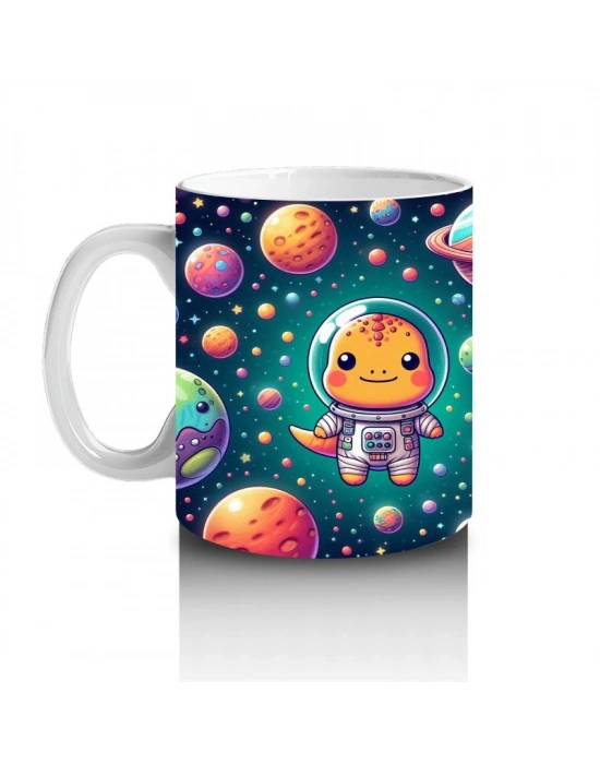 Çocuklara Sütü Sevdiren Sevimli Astronot Dinozor ve Renkli Gezegenler Desenli Kupa Bardak