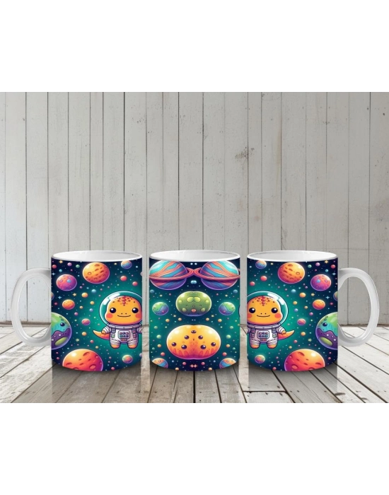 Çocuklara Sütü Sevdiren Sevimli Astronot Dinozor ve Renkli Gezegenler Desenli Kupa Bardak