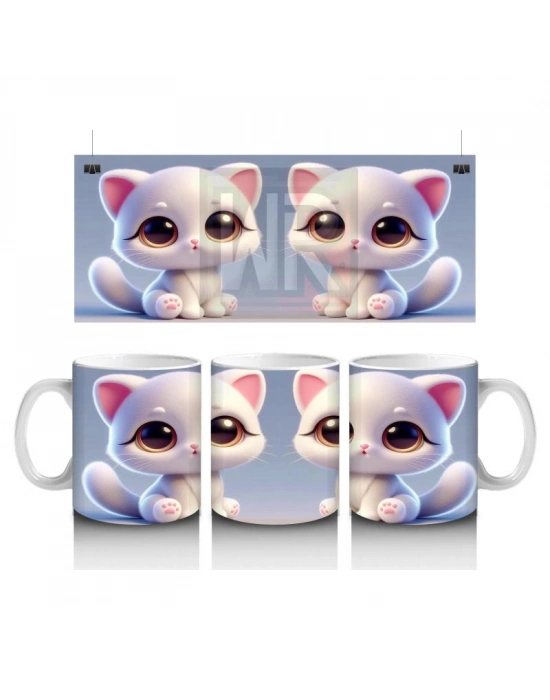 Çocuklara Sütü Sevdiren Sevimli Beyaz Kedi Kupa Bardak