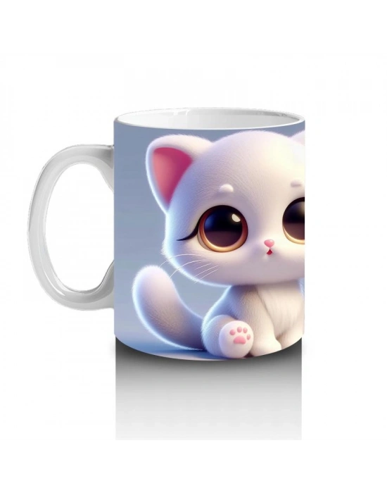 Çocuklara Sütü Sevdiren Sevimli Beyaz Kedi Kupa Bardak