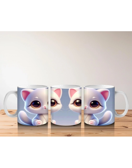 Çocuklara Sütü Sevdiren Sevimli Beyaz Kedi Kupa Bardak