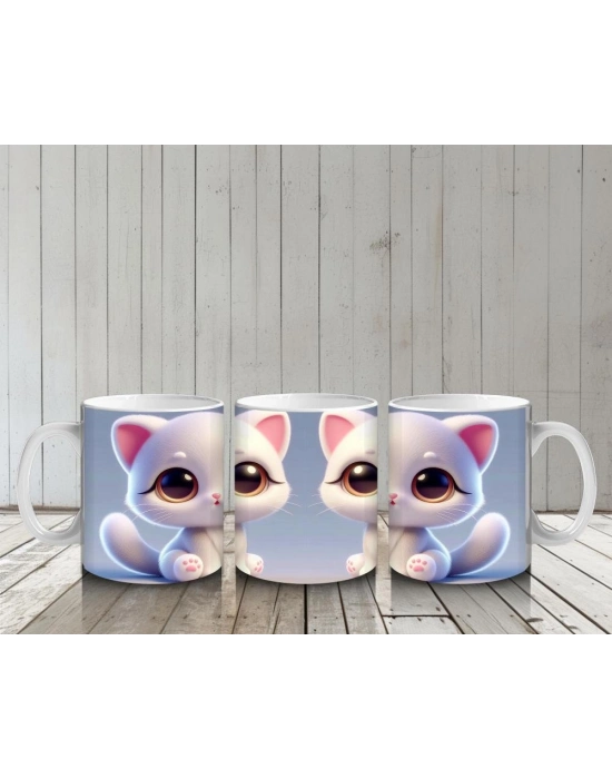 Çocuklara Sütü Sevdiren Sevimli Beyaz Kedi Kupa Bardak