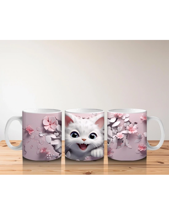 Çocuklara Sütü Sevdiren Sevimli Beyaz Kedicik Desenli Kupa Bardak