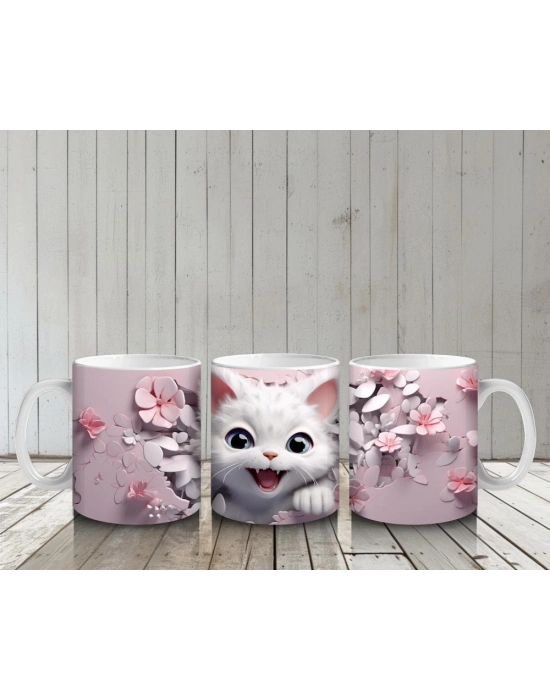 Çocuklara Sütü Sevdiren Sevimli Beyaz Kedicik Desenli Kupa Bardak