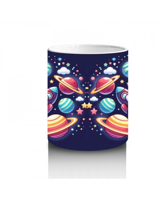 Çocuklara Sütü Sevdiren Sevimli Uzay Kedisi ve Renkli Gezegenler Desenli Kupa Bardak
