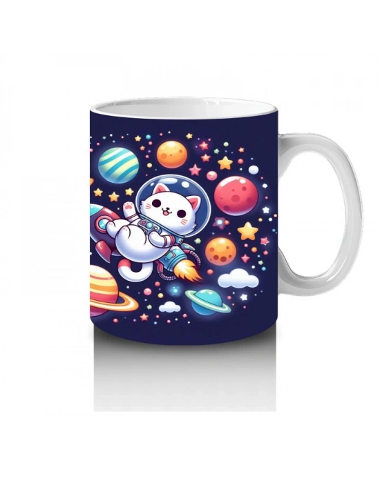 Çocuklara Sütü Sevdiren Sevimli Uzay Kedisi ve Renkli Gezegenler Desenli Kupa Bardak