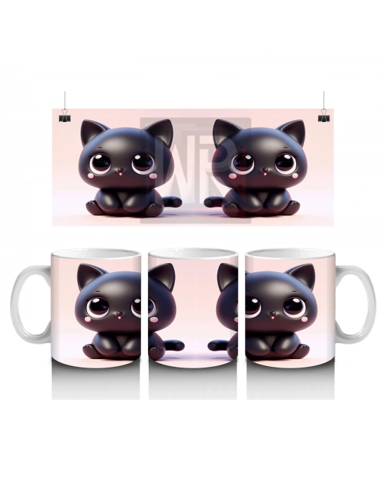 Çocuklara Sütü Sevdiren Siyah Tüylü Kedi Kupa Bardak