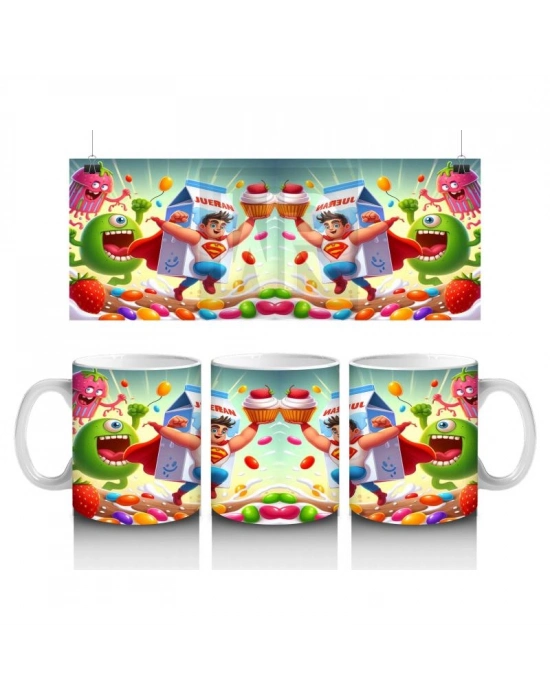 Çocuklara Sütü Sevdiren Süper Süt Kahramanı ve Renkli Tatlı Canavarlar Desenli Kupa Bardak