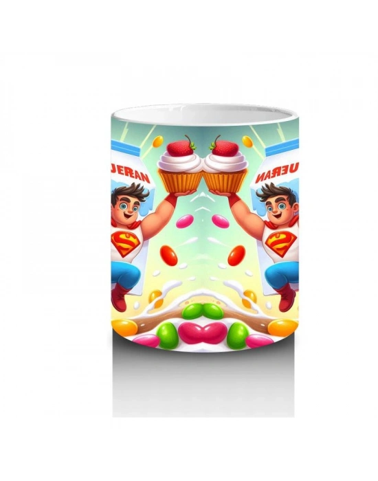 Çocuklara Sütü Sevdiren Süper Süt Kahramanı ve Renkli Tatlı Canavarlar Desenli Kupa Bardak