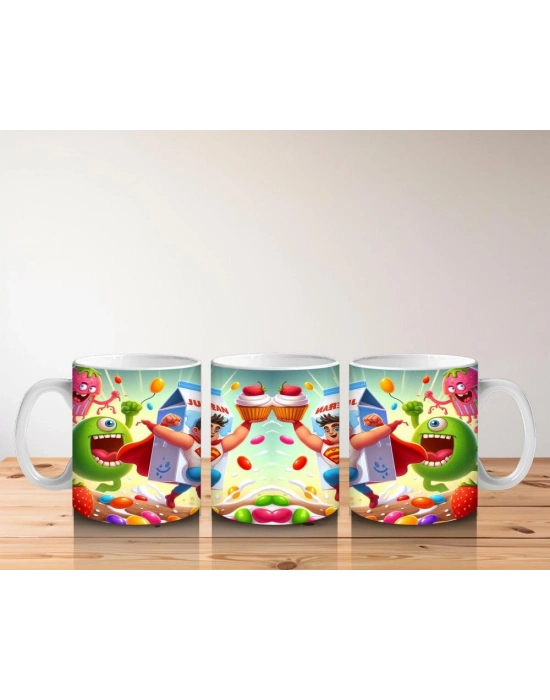 Çocuklara Sütü Sevdiren Süper Süt Kahramanı ve Renkli Tatlı Canavarlar Desenli Kupa Bardak