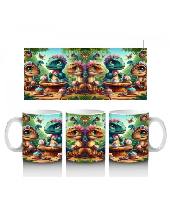 Çocuklara Sütü Sevdiren Tatlı Yiyen Sevimli Dinozorlar Desenli Kupa Bardak