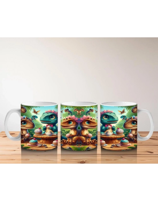 Çocuklara Sütü Sevdiren Tatlı Yiyen Sevimli Dinozorlar Desenli Kupa Bardak