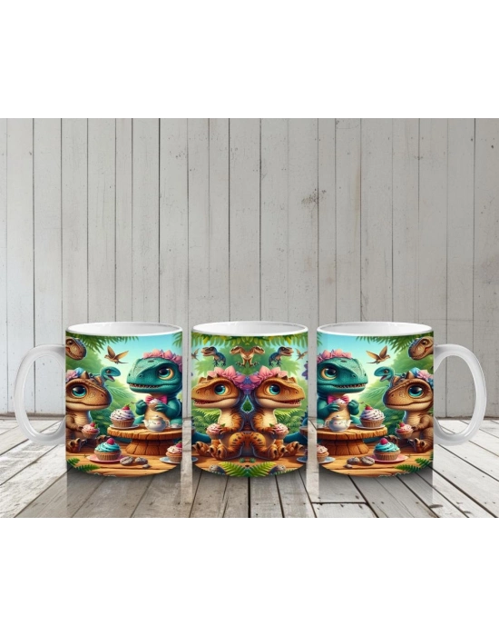 Çocuklara Sütü Sevdiren Tatlı Yiyen Sevimli Dinozorlar Desenli Kupa Bardak