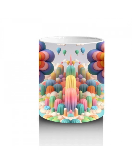 Çocuklara Sütü Sevdiren Uçan Balon Çiçekler ve Renkli Masal Diyarı Desenli Kupa Bardak