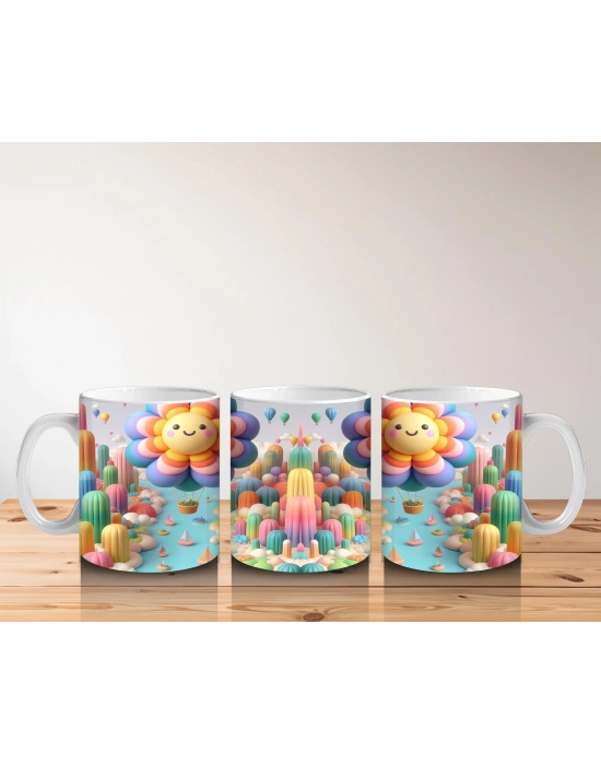 Çocuklara Sütü Sevdiren Uçan Balon Çiçekler ve Renkli Masal Diyarı Desenli Kupa Bardak