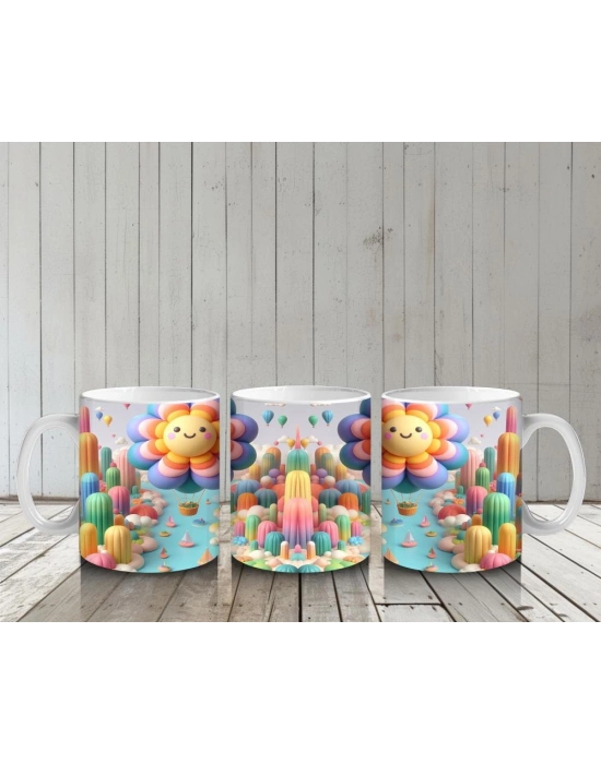 Çocuklara Sütü Sevdiren Uçan Balon Çiçekler ve Renkli Masal Diyarı Desenli Kupa Bardak