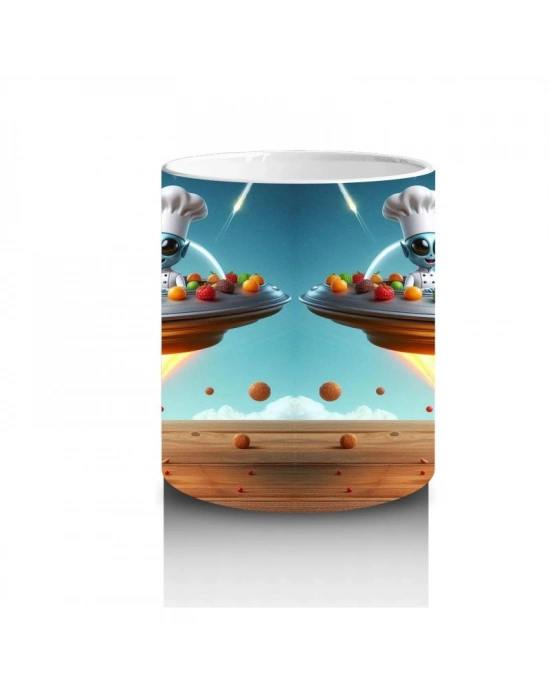 Çocuklara Sütü Sevdiren Uçan Donut ve Şef Fareli Uzay Gemisi Desenli Kupa Bardak