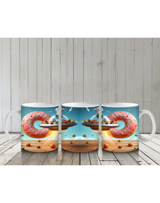 Çocuklara Sütü Sevdiren Uçan Donut ve Şef Fareli Uzay Gemisi Desenli Kupa Bardak