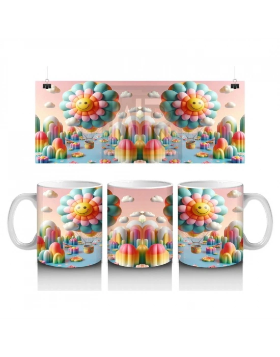 Çocuklara Sütü Sevdiren Uçan Gülümseyen Çiçek Balonlar ve Renkli Diyar Desenli Kupa Bardak