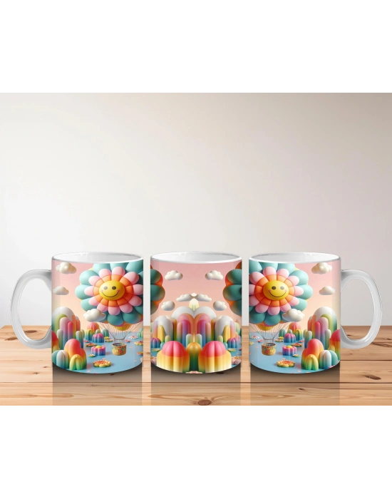 Çocuklara Sütü Sevdiren Uçan Gülümseyen Çiçek Balonlar ve Renkli Diyar Desenli Kupa Bardak