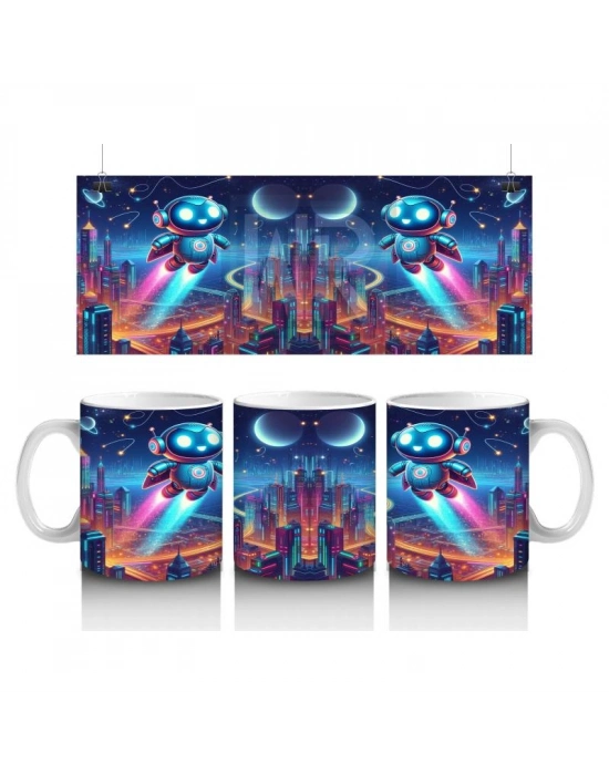 Çocuklara Sütü Sevdiren Uçan Sevimli Robotlar ve Gelecek Şehri Desenli Kupa Bardak