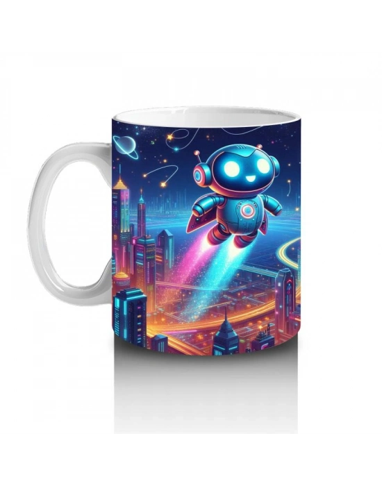 Çocuklara Sütü Sevdiren Uçan Sevimli Robotlar ve Gelecek Şehri Desenli Kupa Bardak