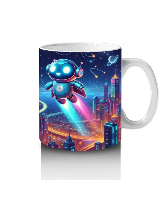 Çocuklara Sütü Sevdiren Uçan Sevimli Robotlar ve Gelecek Şehri Desenli Kupa Bardak