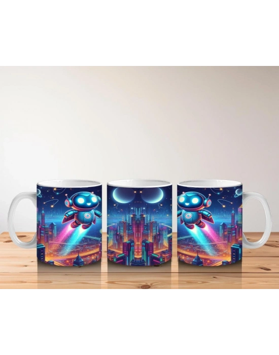 Çocuklara Sütü Sevdiren Uçan Sevimli Robotlar ve Gelecek Şehri Desenli Kupa Bardak