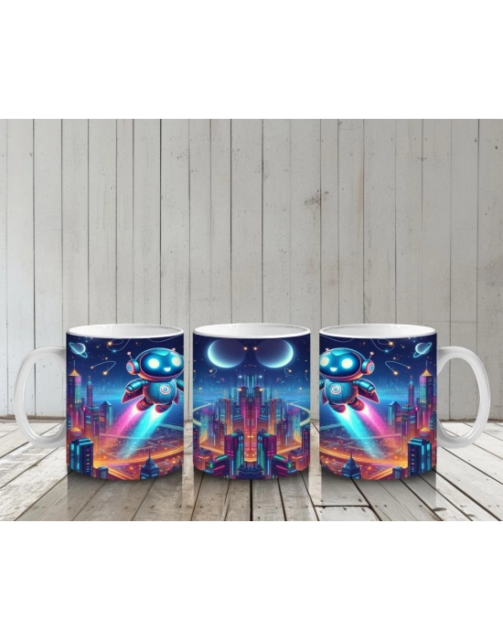 Çocuklara Sütü Sevdiren Uçan Sevimli Robotlar ve Gelecek Şehri Desenli Kupa Bardak