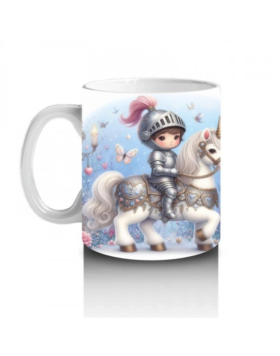 Çocuklara Sütü Sevdiren Unicorn Üzerinde Zırhlı Şövalye Desenli Kupa Bardak