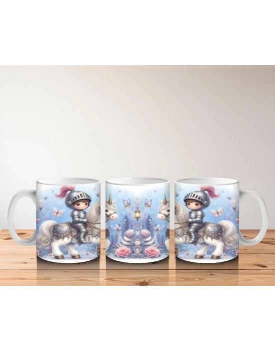 Çocuklara Sütü Sevdiren Unicorn Üzerinde Zırhlı Şövalye Desenli Kupa Bardak