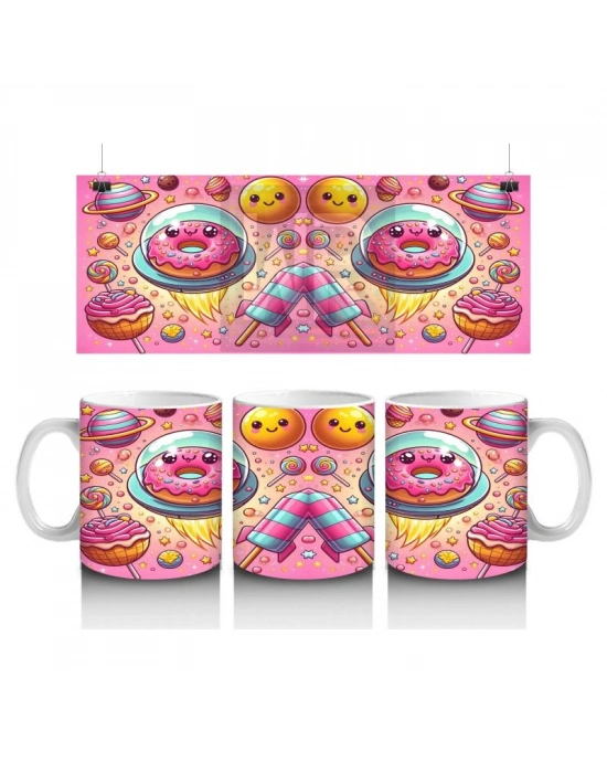 Çocuklara Sütü Sevdiren Uzay Donutları ve Tatlı Gezegenler Desenli Kupa Bardak