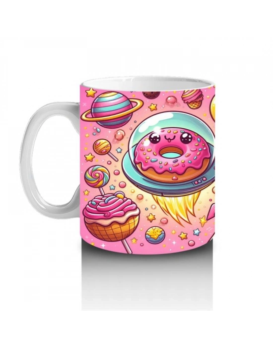 Çocuklara Sütü Sevdiren Uzay Donutları ve Tatlı Gezegenler Desenli Kupa Bardak