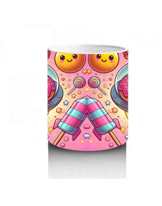 Çocuklara Sütü Sevdiren Uzay Donutları ve Tatlı Gezegenler Desenli Kupa Bardak