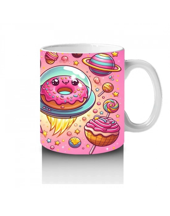 Çocuklara Sütü Sevdiren Uzay Donutları ve Tatlı Gezegenler Desenli Kupa Bardak