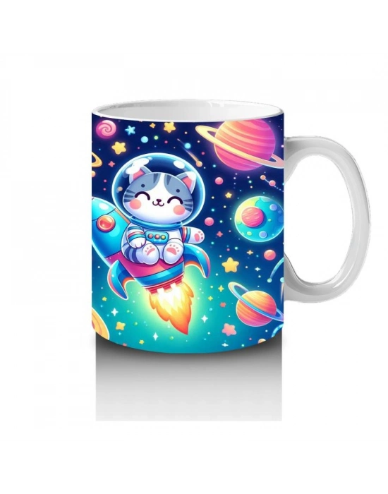 Çocuklara Sütü Sevdiren Uzay Roketiyle Gezen Sevimli Kedi Desenli Kupa Bardak