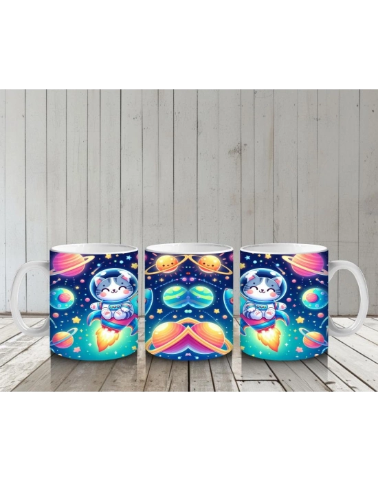 Çocuklara Sütü Sevdiren Uzay Roketiyle Gezen Sevimli Kedi Desenli Kupa Bardak