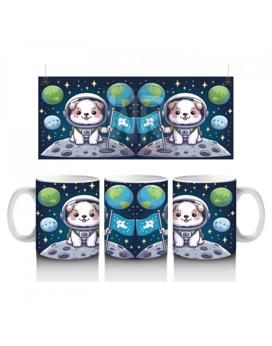 Çocuklara Sütü Sevdiren Uzayda Bayrak Diken Sevimli Köpek Desenli Kupa Bardak