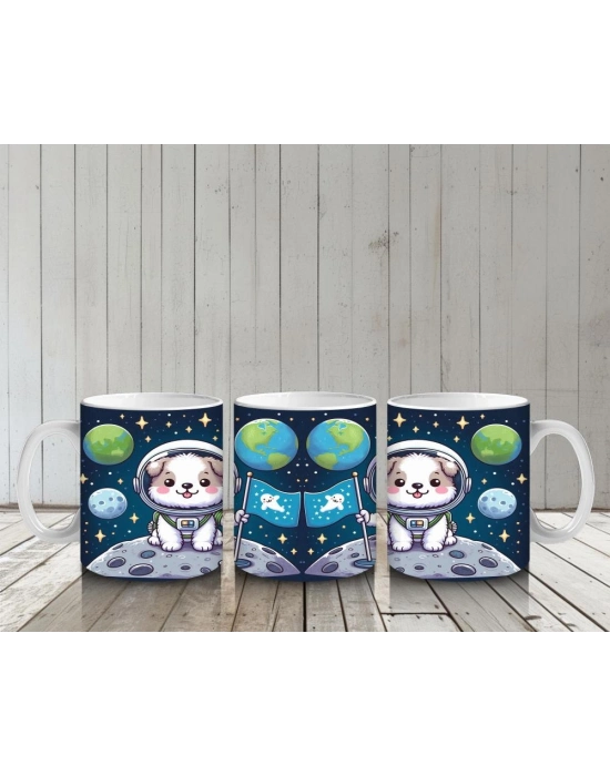 Çocuklara Sütü Sevdiren Uzayda Bayrak Diken Sevimli Köpek Desenli Kupa Bardak