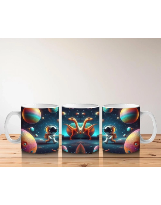 Çocuklara Sütü Sevdiren Uzayda Dinozorla Karşılaşan Astronotlar Desenli Kupa Bardak