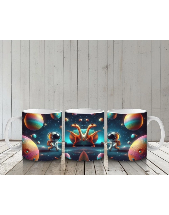 Çocuklara Sütü Sevdiren Uzayda Dinozorla Karşılaşan Astronotlar Desenli Kupa Bardak