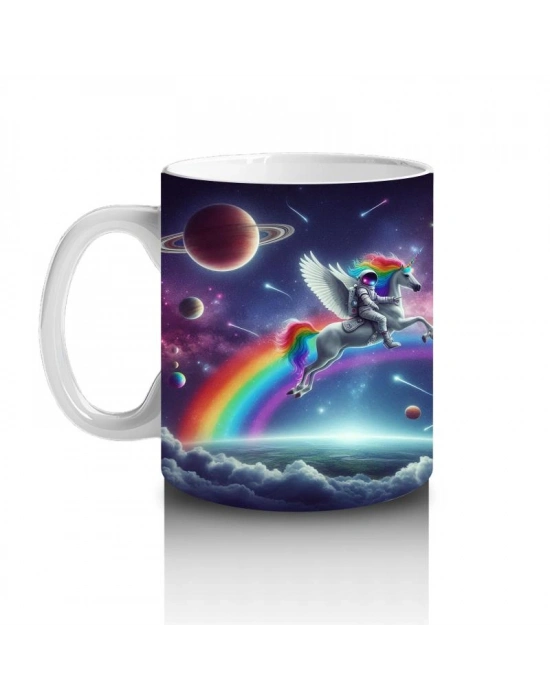 Çocuklara Sütü Sevdiren Uzayda Gökkuşağı Üzerinde Uçan Unicorn Desenli Kupa Bardak