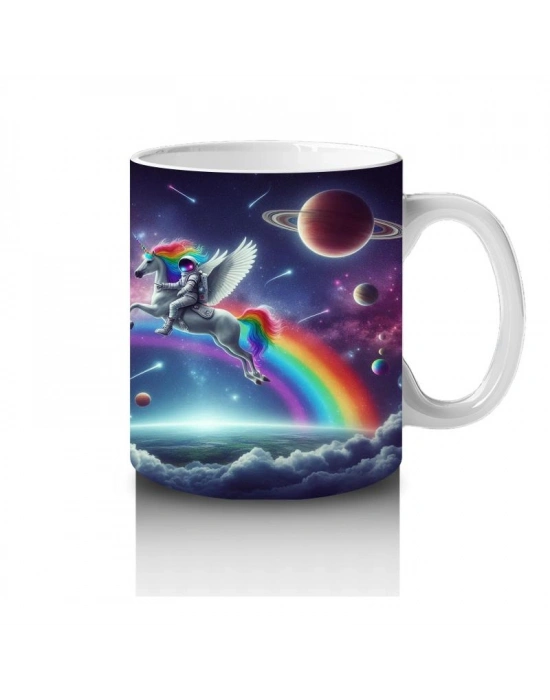 Çocuklara Sütü Sevdiren Uzayda Gökkuşağı Üzerinde Uçan Unicorn Desenli Kupa Bardak