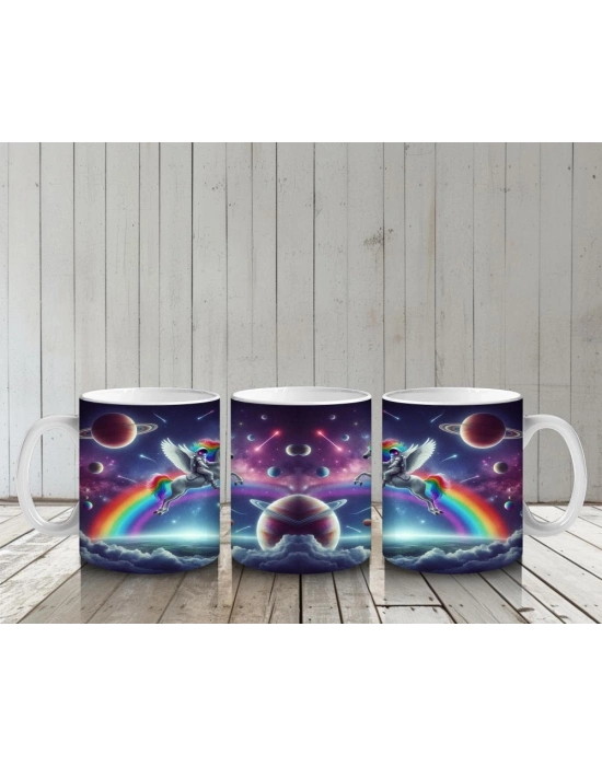 Çocuklara Sütü Sevdiren Uzayda Gökkuşağı Üzerinde Uçan Unicorn Desenli Kupa Bardak
