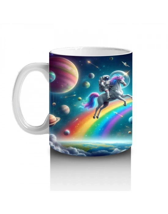 Çocuklara Sütü Sevdiren Uzayda Gökkuşağı ve Astronot Unicorn Desenli Kupa Bardak