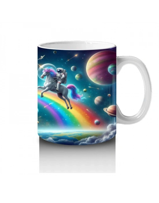 Çocuklara Sütü Sevdiren Uzayda Gökkuşağı ve Astronot Unicorn Desenli Kupa Bardak