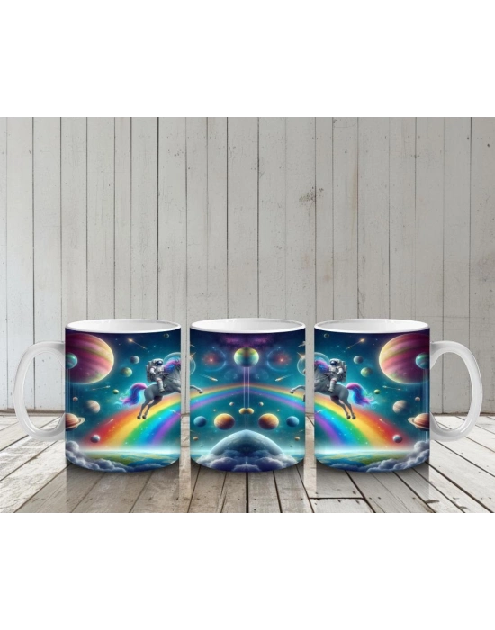 Çocuklara Sütü Sevdiren Uzayda Gökkuşağı ve Astronot Unicorn Desenli Kupa Bardak