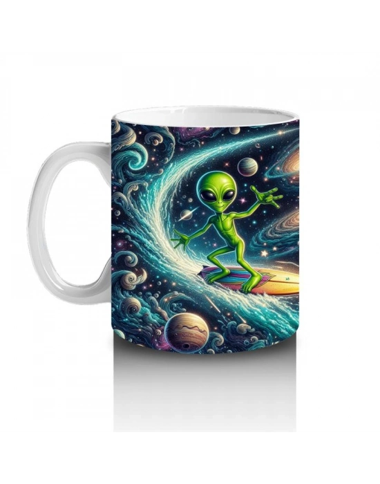 Çocuklara Sütü Sevdiren Uzayda Sörf Yapan Sevimli Uzaylı Desenli Kupa Bardak